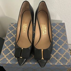 Salvatore Ferragamo Vara iconic Black Heels with Gold Detail and bow